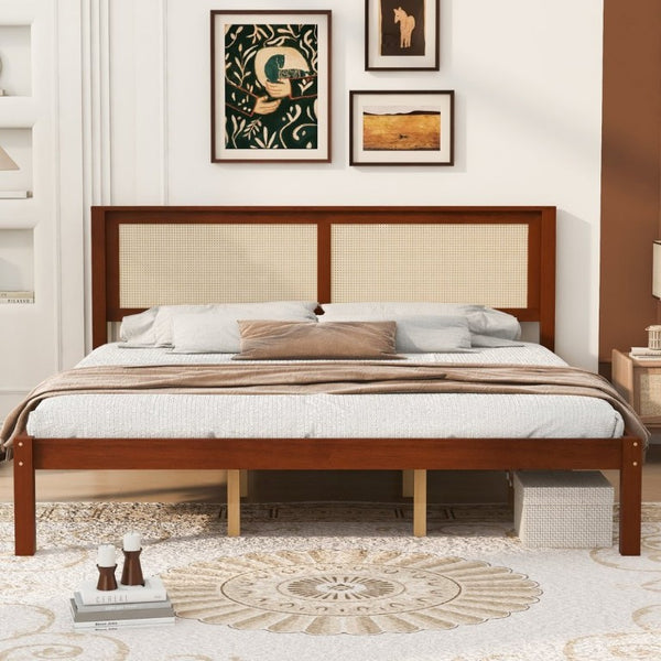 English Elm King Solid Pine Platform Bed Woven Rattan Headboard Farmhouse Walnut Finish Storage W1858P489494