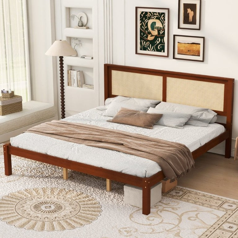 English Elm King Solid Pine Platform Bed Woven Rattan Headboard Farmhouse Walnut Finish Storage W1858P489494