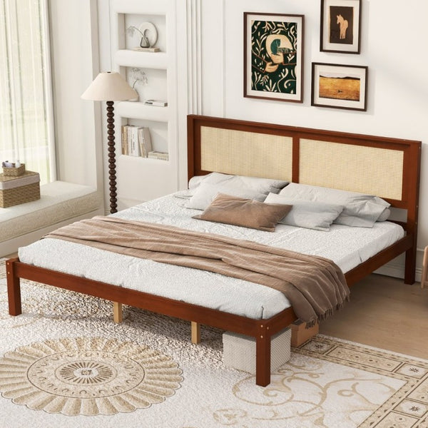 English Elm King Solid Pine Platform Bed Woven Rattan Headboard Farmhouse Walnut Finish Storage W1858P489494