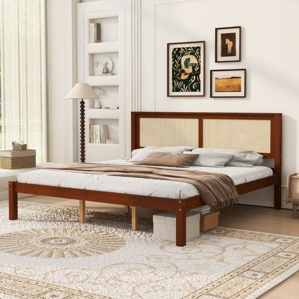 English Elm King Solid Pine Platform Bed Woven Rattan Headboard Farmhouse Walnut Finish Storage W1858P489494