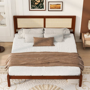 English Elm King Solid Pine Platform Bed Woven Rattan Headboard Farmhouse Walnut Finish Storage W1858P489494