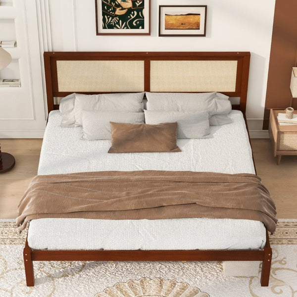 English Elm King Solid Pine Platform Bed Woven Rattan Headboard Farmhouse Walnut Finish Storage W1858P489494