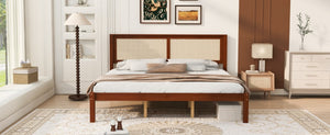 English Elm King Solid Pine Platform Bed Woven Rattan Headboard Farmhouse Walnut Finish Storage W1858P489494