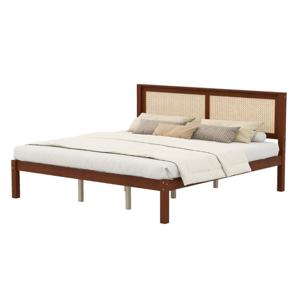 English Elm King Solid Pine Platform Bed Woven Rattan Headboard Farmhouse Walnut Finish Storage W1858P489494