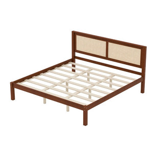 English Elm King Solid Pine Platform Bed Woven Rattan Headboard Farmhouse Walnut Finish Storage W1858P489494