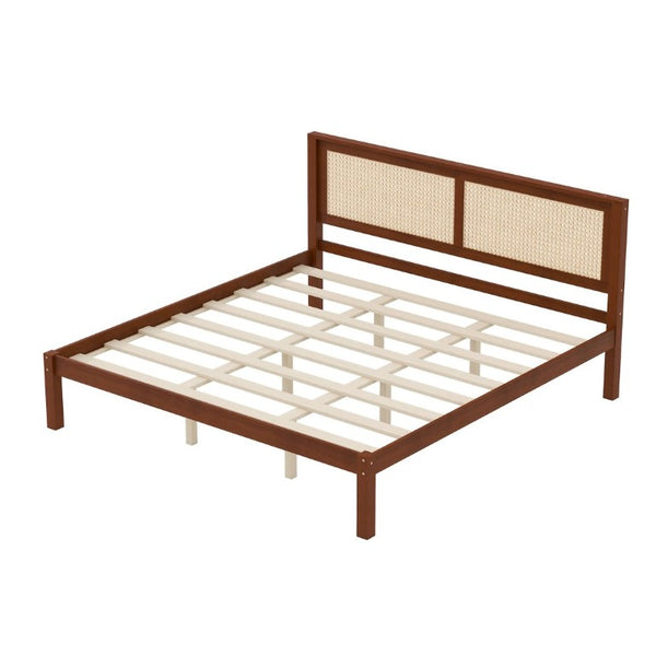 English Elm King Solid Pine Platform Bed Woven Rattan Headboard Farmhouse Walnut Finish Storage W1858P489494