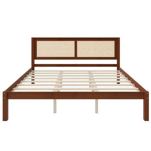 English Elm King Solid Pine Platform Bed Woven Rattan Headboard Farmhouse Walnut Finish Storage W1858P489494