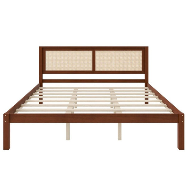 English Elm King Solid Pine Platform Bed Woven Rattan Headboard Farmhouse Walnut Finish Storage W1858P489494