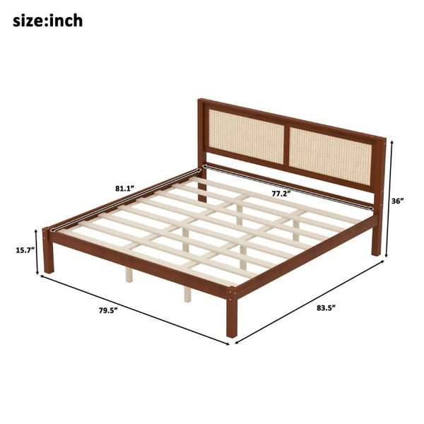 English Elm King Solid Pine Platform Bed Woven Rattan Headboard Farmhouse Walnut Finish Storage W1858P489494