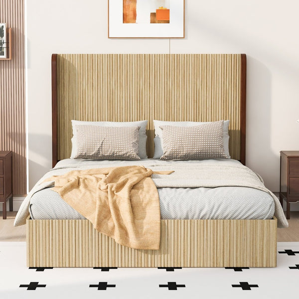 English Elm Queen Wingback Platform Bed Vertical Grid Wood Frame Wabi-Sabi Bedroom Design W1858S00008