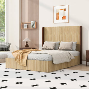 English Elm Queen Wingback Platform Bed Vertical Grid Wood Frame Wabi-Sabi Bedroom Design W1858S00008