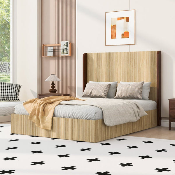 English Elm Queen Wingback Platform Bed Vertical Grid Wood Frame Wabi-Sabi Bedroom Design W1858S00008