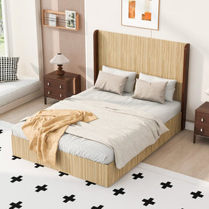 English Elm Queen Wingback Platform Bed Vertical Grid Wood Frame Wabi-Sabi Bedroom Design W1858S00008