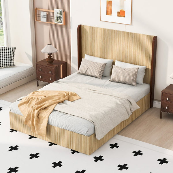English Elm Queen Wingback Platform Bed Vertical Grid Wood Frame Wabi-Sabi Bedroom Design W1858S00008