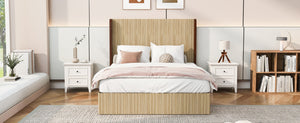 English Elm Queen Wingback Platform Bed Vertical Grid Wood Frame Wabi-Sabi Bedroom Design W1858S00008