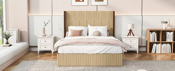 English Elm Queen Wingback Platform Bed Vertical Grid Wood Frame Wabi-Sabi Bedroom Design W1858S00008