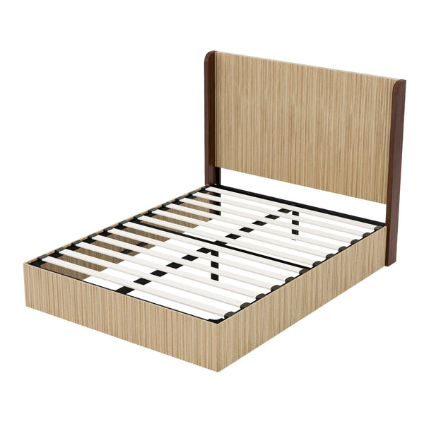 English Elm Queen Wingback Platform Bed Vertical Grid Wood Frame Wabi-Sabi Bedroom Design W1858S00008