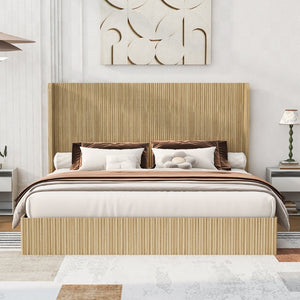 English Elm King Fluted Wingback Platform Bed Walnut Finish Tall Headboard No Box Spring Needed W1858S00009