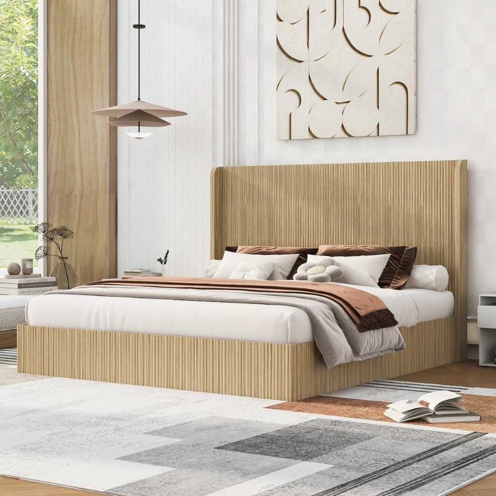 English Elm King Fluted Wingback Platform Bed Walnut Finish Tall Headboard No Box Spring Needed W1858S00009