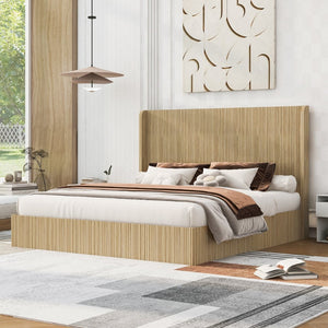 English Elm King Fluted Wingback Platform Bed Walnut Finish Tall Headboard No Box Spring Needed W1858S00009
