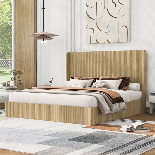 English Elm King Fluted Wingback Platform Bed Walnut Finish Tall Headboard No Box Spring Needed W1858S00009