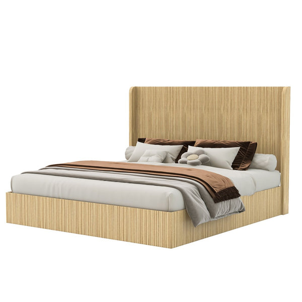 English Elm King Fluted Wingback Platform Bed Walnut Finish Tall Headboard No Box Spring Needed W1858S00009