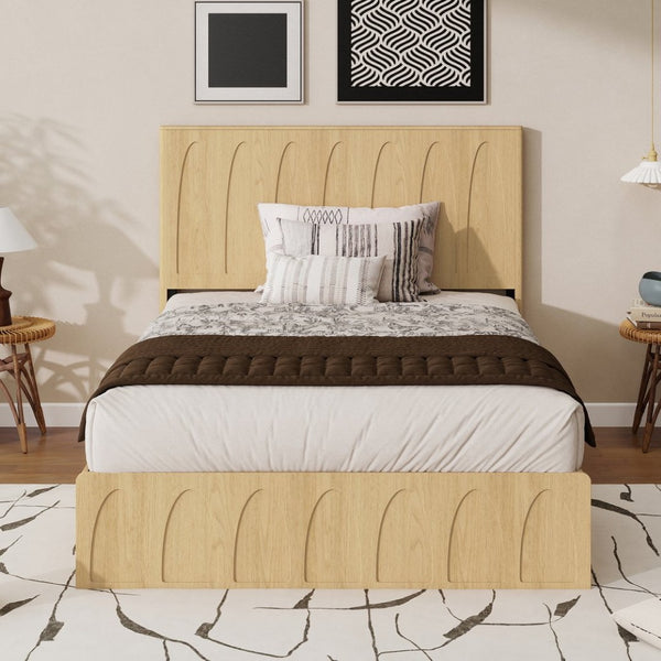 English Elm [brand] Queen Platform Bed Solid Wood Japandi Curved Headboard with Side Storage Drawers Oak W1858S00010