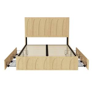 English Elm [brand] Queen Platform Bed Solid Wood Japandi Curved Headboard with Side Storage Drawers Oak W1858S00010