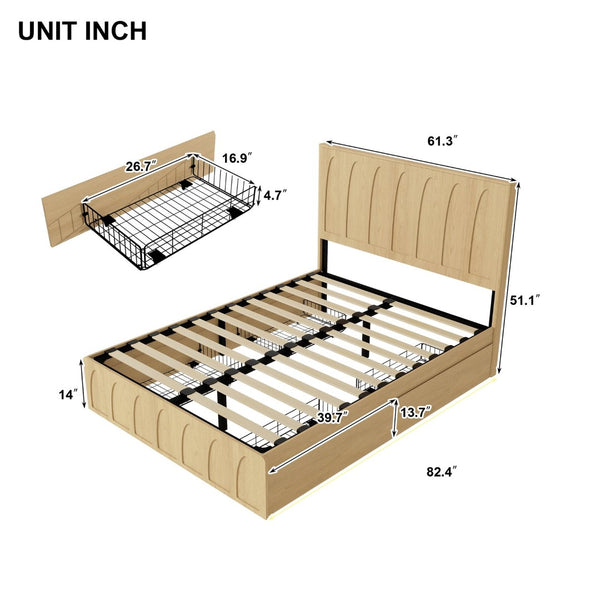 English Elm [brand] Queen Platform Bed Solid Wood Japandi Curved Headboard with Side Storage Drawers Oak W1858S00010
