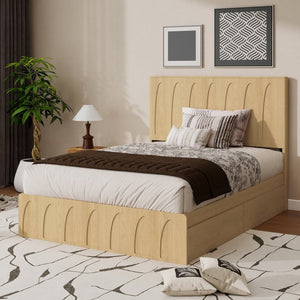 English Elm [brand] Queen Platform Bed Solid Wood Japandi Curved Headboard with Side Storage Drawers Oak W1858S00010