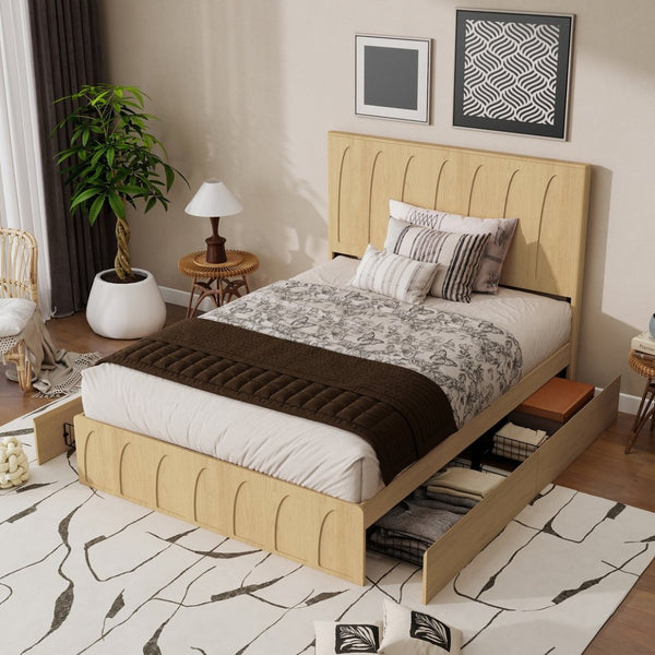 English Elm [brand] Queen Platform Bed Solid Wood Japandi Curved Headboard with Side Storage Drawers Oak W1858S00010