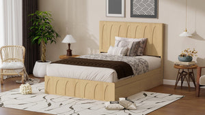 English Elm [brand] Queen Platform Bed Solid Wood Japandi Curved Headboard with Side Storage Drawers Oak W1858S00010