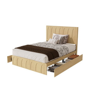 English Elm [brand] Queen Platform Bed Solid Wood Japandi Curved Headboard with Side Storage Drawers Oak W1858S00010