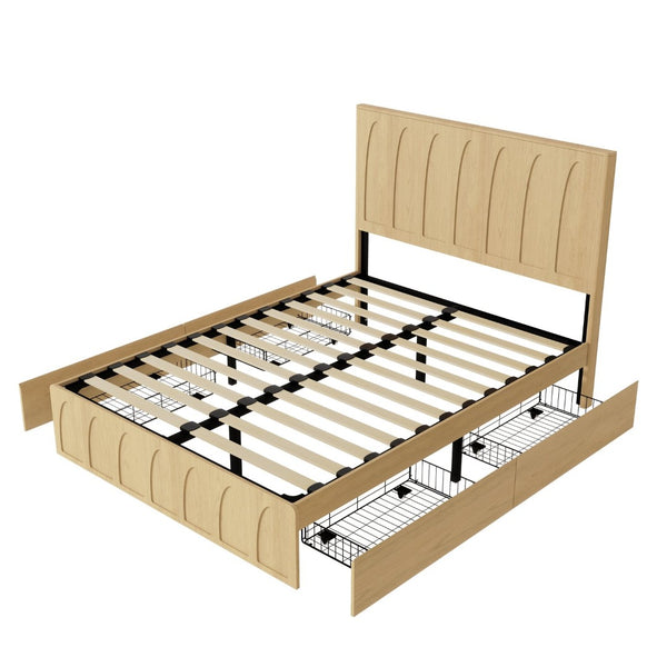 English Elm [brand] Queen Platform Bed Solid Wood Japandi Curved Headboard with Side Storage Drawers Oak W1858S00010