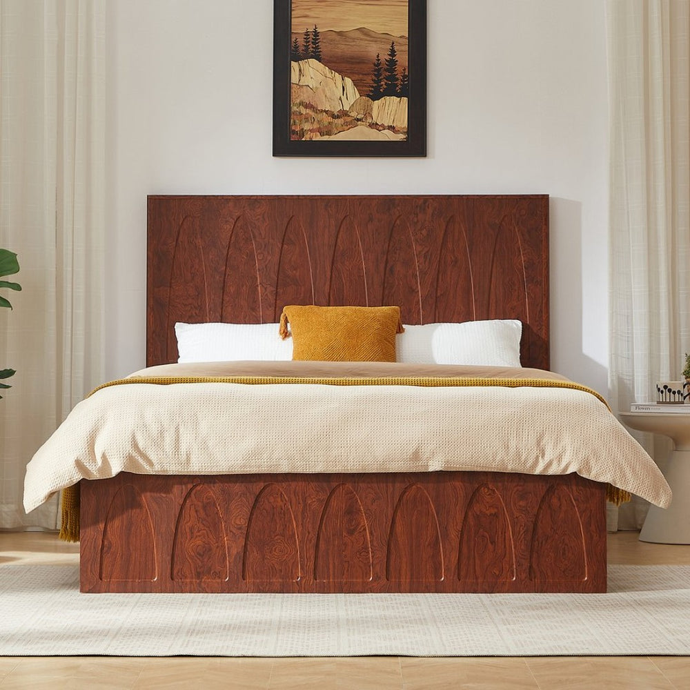 English Elm [brand] Queen Platform Bed Solid Wood Japandi Curved Headboard with Side Storage Drawers Natural Wood W1858S00011
