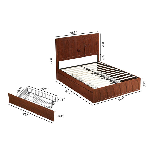 English Elm [brand] Queen Platform Bed Solid Wood Japandi Curved Headboard with Side Storage Drawers Natural Wood W1858S00011