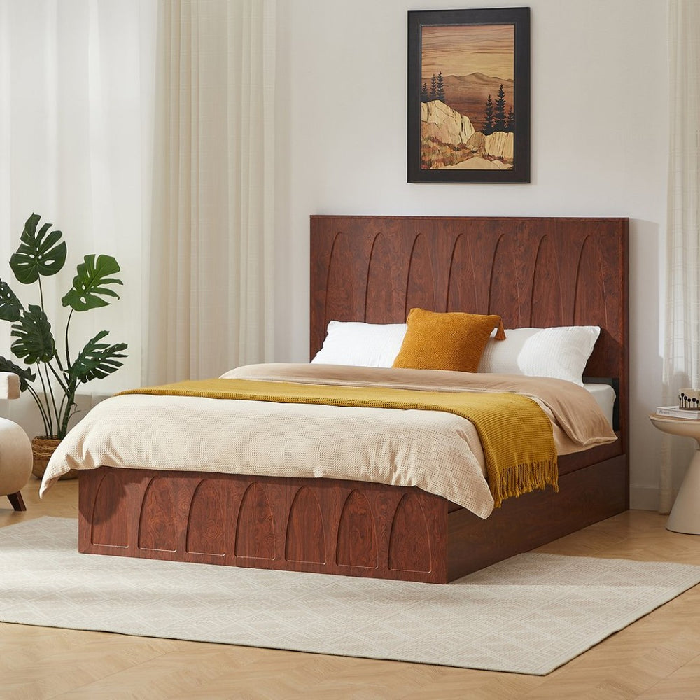 English Elm [brand] Queen Platform Bed Solid Wood Japandi Curved Headboard with Side Storage Drawers Natural Wood W1858S00011