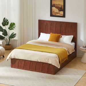 English Elm [brand] Queen Platform Bed Solid Wood Japandi Curved Headboard with Side Storage Drawers Natural Wood W1858S00011