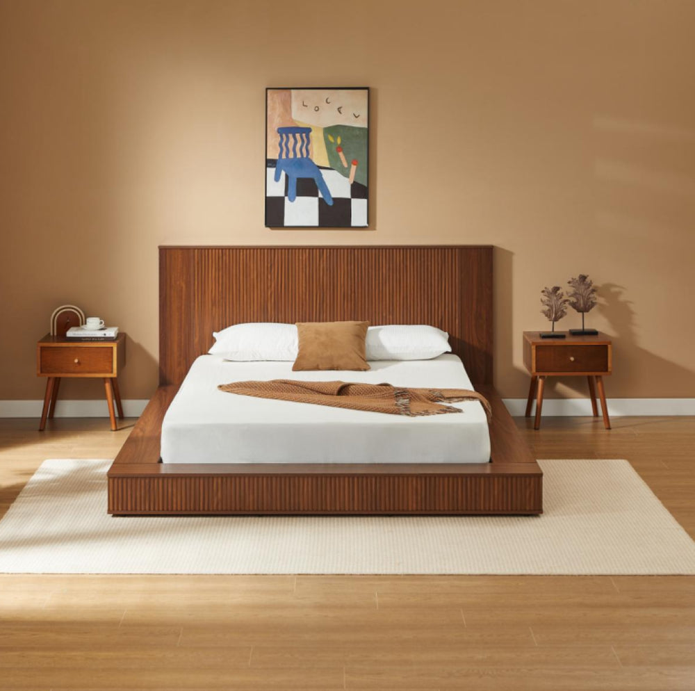 English Elm Low Profile Walnut Veneer Platform Bed Fluted Headboard Japandi Minimalist Style W1858S00012