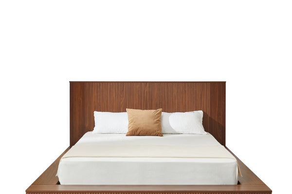 English Elm Low Profile Walnut Veneer Platform Bed Fluted Headboard Japandi Minimalist Style W1858S00012