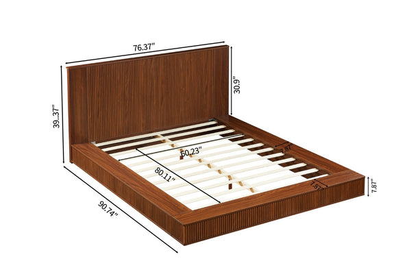 English Elm Low Profile Walnut Veneer Platform Bed Fluted Headboard Japandi Minimalist Style W1858S00012