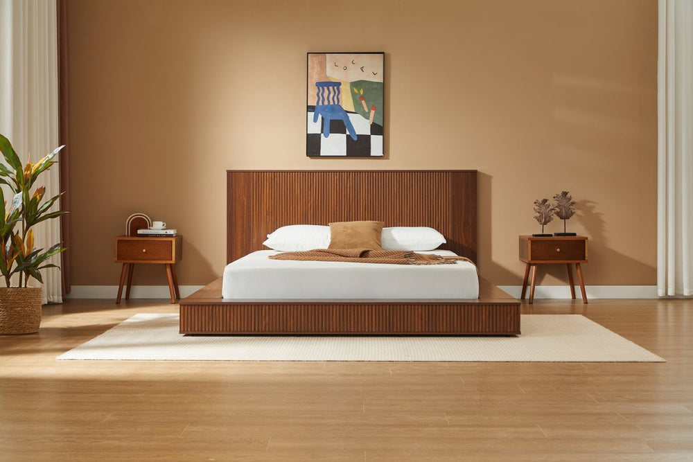 English Elm Low Profile Walnut Veneer Platform Bed Fluted Headboard Japandi Minimalist Style W1858S00012