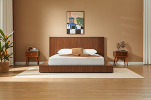 English Elm Low Profile Walnut Veneer Platform Bed Fluted Headboard Japandi Minimalist Style W1858S00012