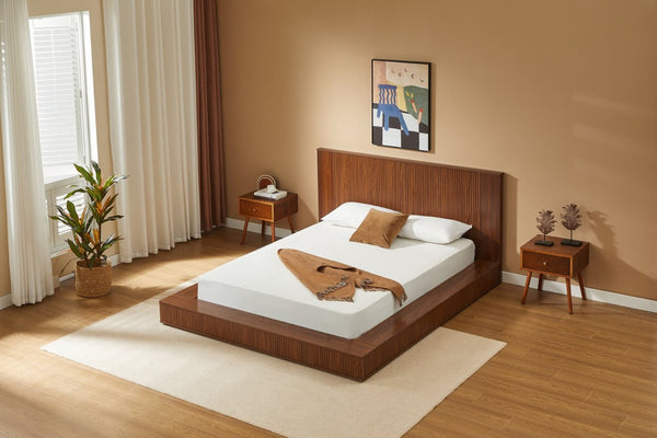 English Elm Low Profile Walnut Veneer Platform Bed Fluted Headboard Japandi Minimalist Style W1858S00012