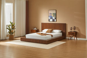 English Elm Low Profile Walnut Veneer Platform Bed Fluted Headboard Japandi Minimalist Style W1858S00012