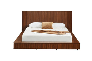 English Elm Low Profile Walnut Veneer Platform Bed Fluted Headboard Japandi Minimalist Style W1858S00012