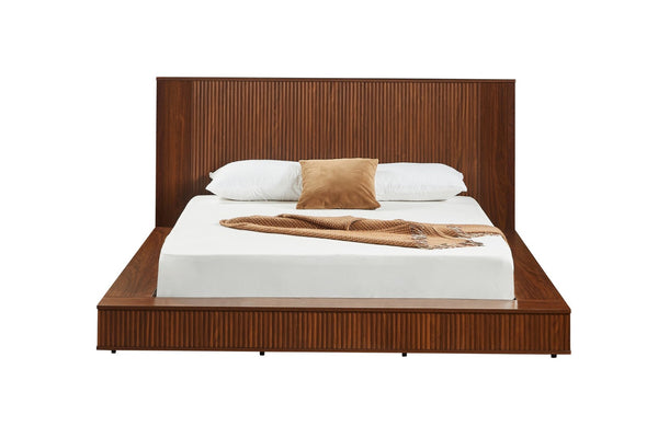 English Elm Low Profile Walnut Veneer Platform Bed Fluted Headboard Japandi Minimalist Style W1858S00012