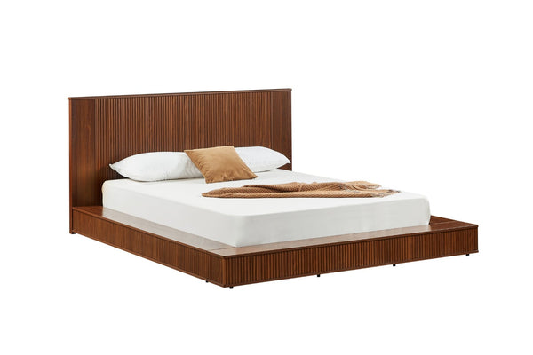 English Elm Low Profile Walnut Veneer Platform Bed Fluted Headboard Japandi Minimalist Style W1858S00012