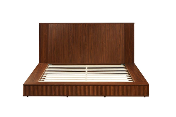 English Elm Low Profile Walnut Veneer Platform Bed Fluted Headboard Japandi Minimalist Style W1858S00012