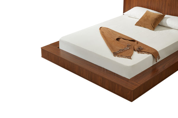 English Elm Low Profile Walnut Veneer Platform Bed Fluted Headboard Japandi Minimalist Style W1858S00012